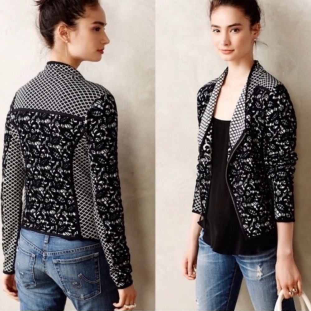 Anthropologie Moth Black Jacquard Lace Moto Zip Jacket!